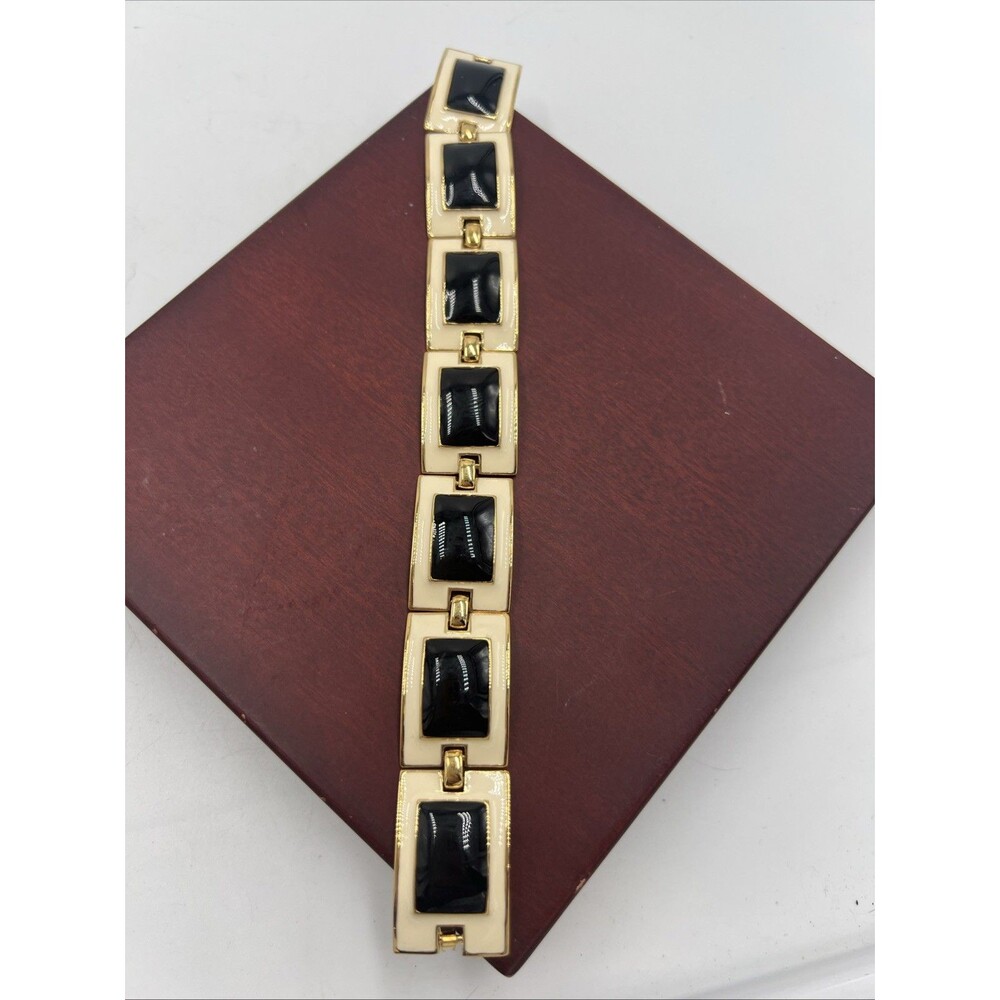 Joan Rivers enameled creme and black rectangular link bracelet 8" Oversized